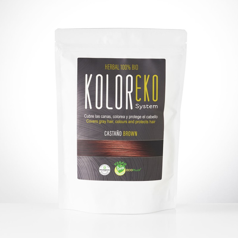 KOLOREKO Tinte natural CASTAÑO - cubre las canas, colorea y protege el cabello - Tinte ecológico 100% Herbal Bio