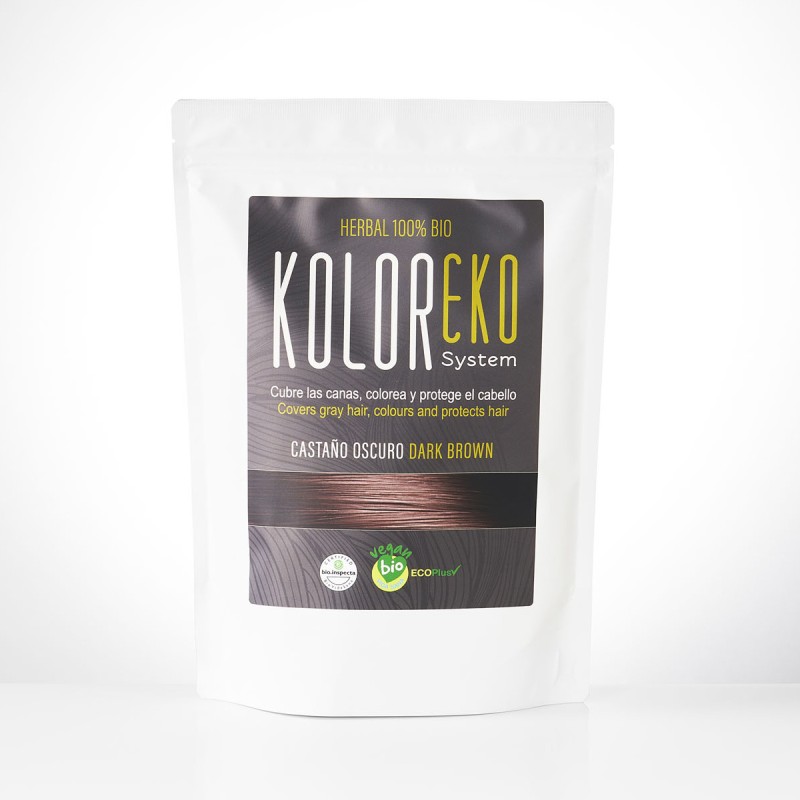 KOLOREKO Tinte natural CASTAÑO OSCURO - cubre las canas, colorea y protege el cabello - Tinte ecológico 100% Herbal Bio
